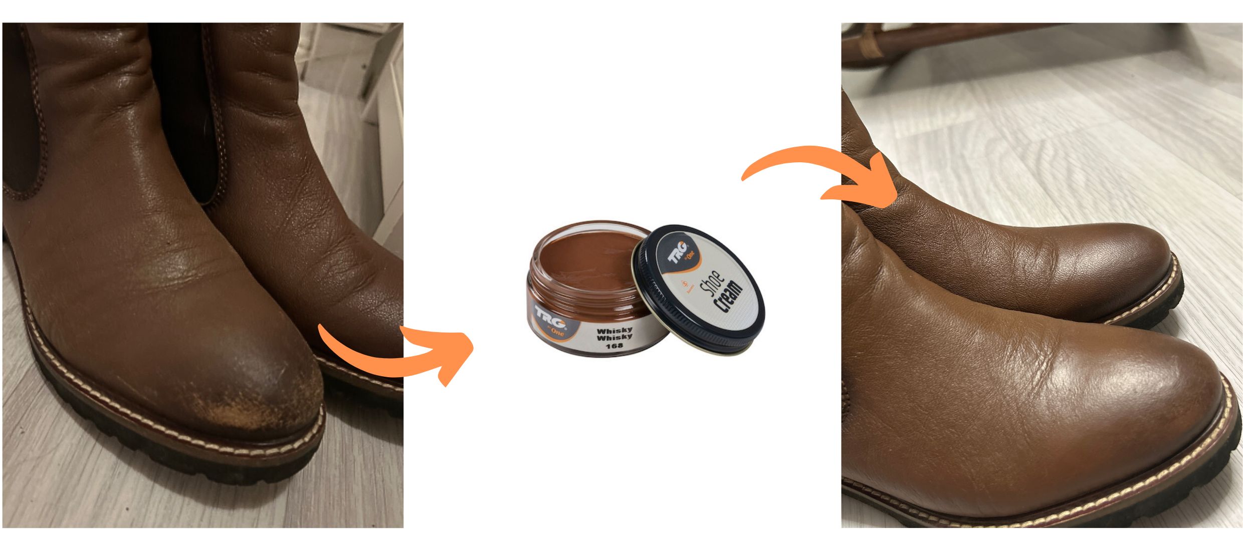 Hnědý Krém na odřené kožené boty Shoe Cream Whiskey 168 v praxi použití